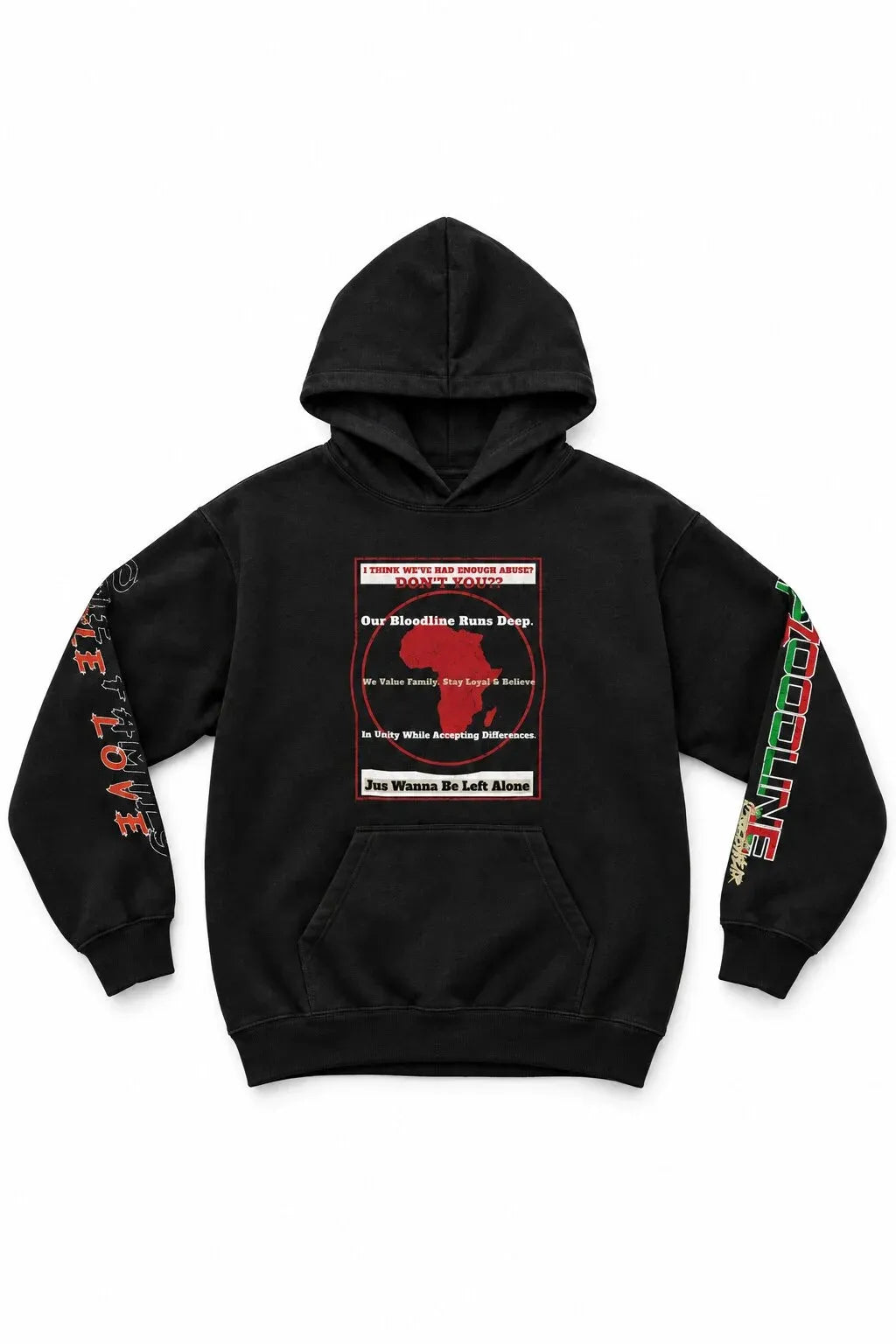 A black pullover hoodie with a central graphic print featuring a red silhouette of Africa and text, with red text printed down both sleeves.